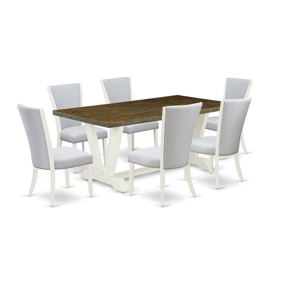 East West Furniture 7-Pc Dining Room Set Includes 6 Mid Century Dining Chairs with Upholstered Seat-Rectangular Wooden Dining Table - Distressed Jacobean and Wirebrushed Linen White Finish