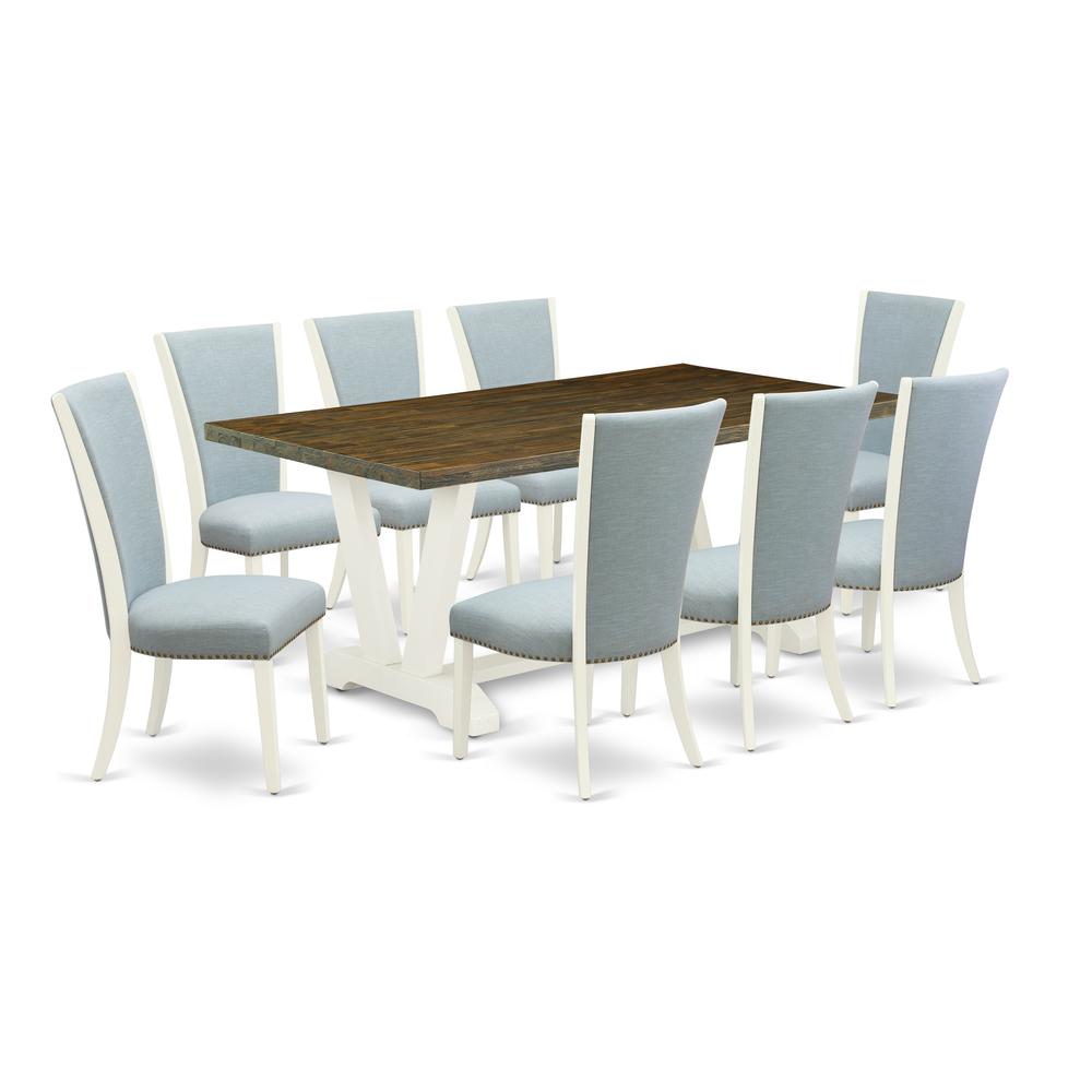 East West Furniture V077VE215-9 9 Piece Dining Table Set - 8 Baby Blue Linen Fabric Kitchen Chairs with Nailheads and Distressed Jacobean Wooden Table - Linen White Finish