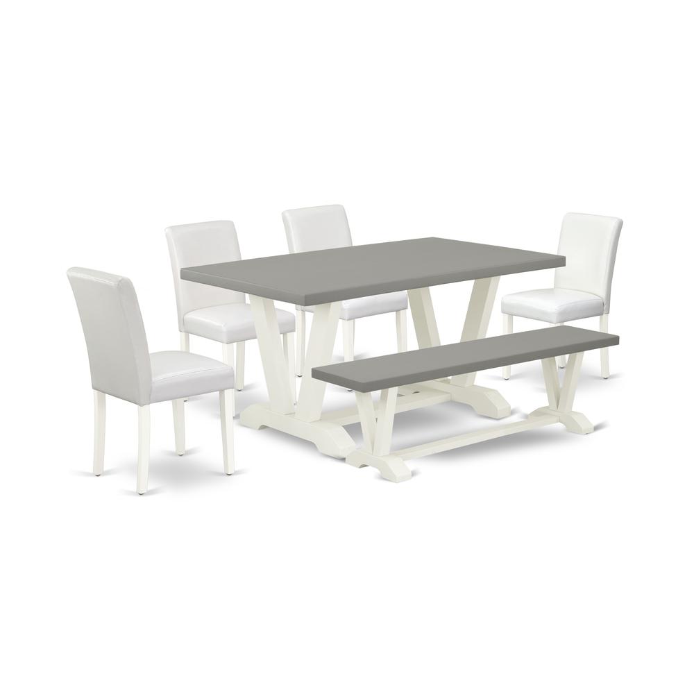 East West Furniture V096AB264-6 6-Piece Gorgeous Dining Set an Outstanding Cement Color Wood Table Top and Cement Color Bench and 4 Excellent Pu Leather Dining Room Chairs with Stylish Chair Back, Lin