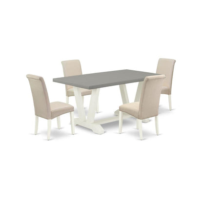 East West Furniture V096BA201-5 5-Piece Gorgeous Dining Room Set an Outstanding Cement Color Kitchen Table Top and 4 Excellent Linen Fabric Dining Room Chairs with High Roll Chair Back, Linen White Fi