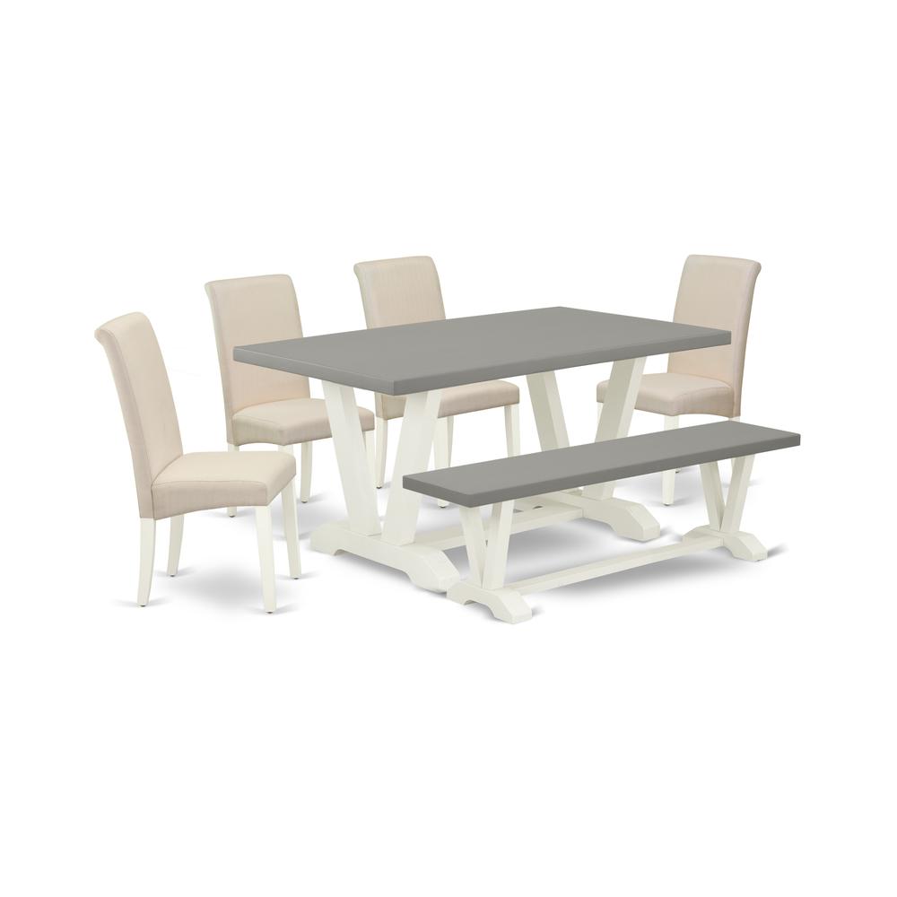 East West Furniture V096BA201-6 6-Piece Beautiful Dining Table Set an Excellent Cement Color Dining Table Top and Cement Color Bench and 4 Gorgeous Linen Fabric Padded Parson Chairs with High Roll Cha