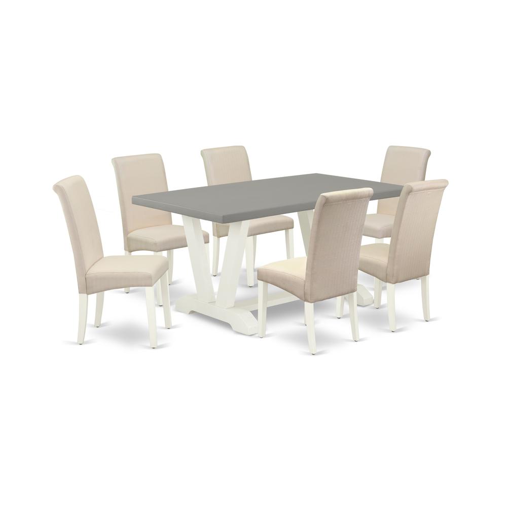 East West Furniture V096BA201-7 7-Piece Stylish Modern Dining Table Set a Superb Cement Color Dining Room Table Top and 6 Excellent Linen Fabric Dining Chairs with High Roll Chair Back, Linen White Fi
