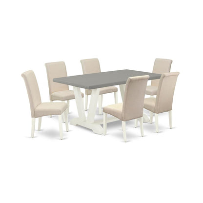 East West Furniture V096BA201-7 7-Piece Stylish Modern Dining Table Set a Superb Cement Color Dining Room Table Top and 6 Excellent Linen Fabric Dining Chairs with High Roll Chair Back, Linen White Fi