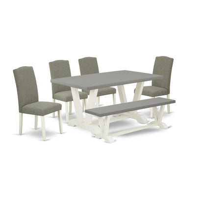 East West Furniture 6-Piece Gorgeous Dining Room Set a Great Cement Color Wood Dining Table Top and Cement Color Dining Room Bench and 4 Amazing Linen Fabric Parson Chairs with Nail Heads and Stylish