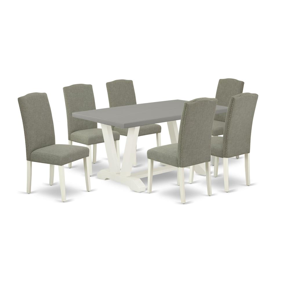 East West Furniture 7-Piece Fashionable Dining Room Table Set a Good Cement Color Kitchen Rectangular Table Top and 6 Excellent Linen Fabric Parson Chairs with Nail Heads and Stylish Chair Back, Linen