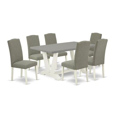 East West Furniture 7-Piece Fashionable Dining Room Table Set a Good Cement Color Kitchen Rectangular Table Top and 6 Excellent Linen Fabric Parson Chairs with Nail Heads and Stylish Chair Back, Linen