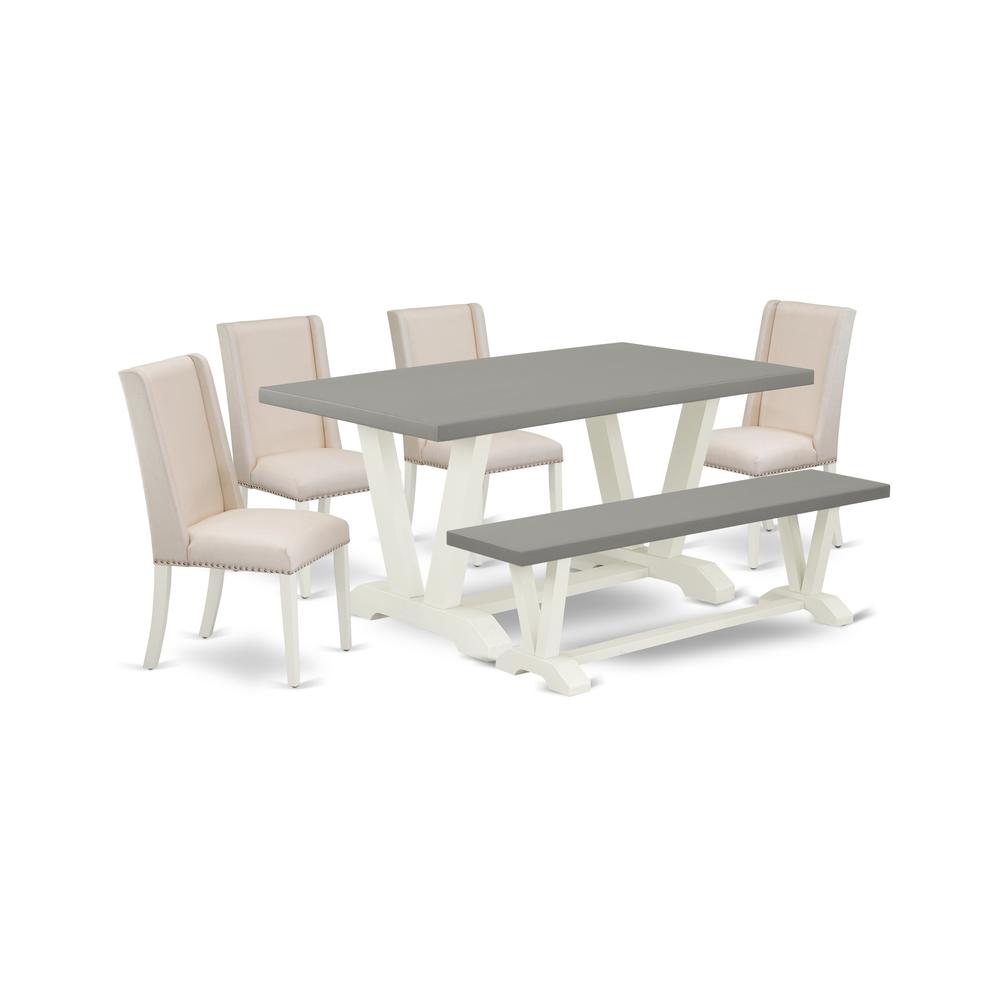 East West Furniture V096FL201-6 6-Piece Modern Dining Room Table Set an Excellent Cement Color dining table Top and Cement Color Small Bench and 4 Lovely Linen Fabric Padded Chairs with Nail Heads and