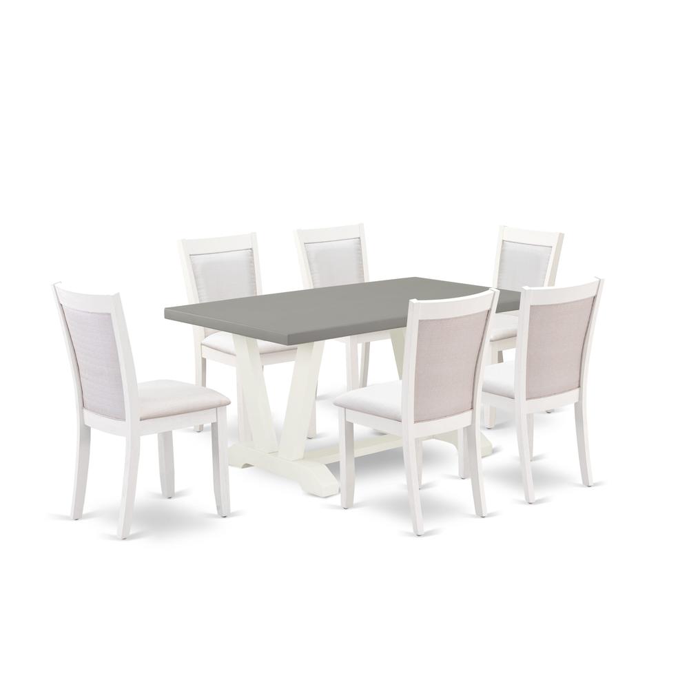 East West Furniture 7-Piece Dining Table Set Includes a Rectangular Dining Table and 6 Cream Linen Fabric Kitchen Chairs with Stylish Back - Wire Brushed Linen White Finish