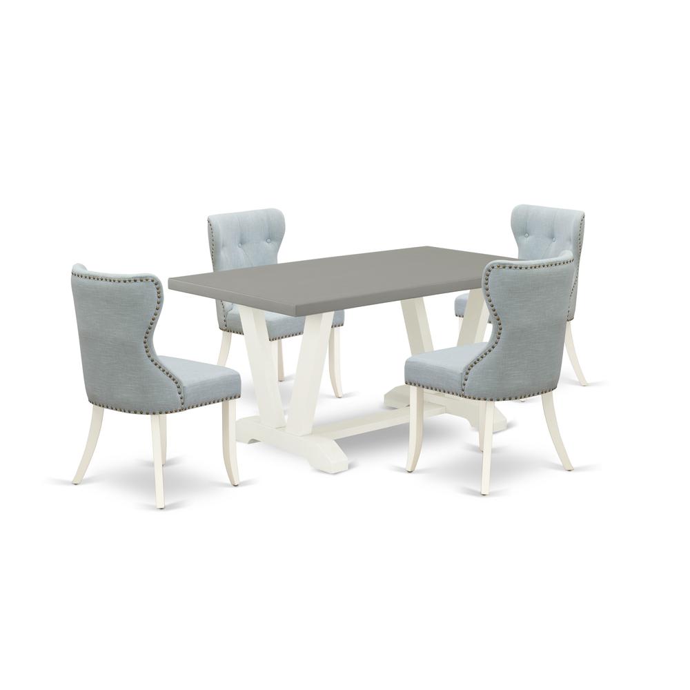 East West Furniture V096SI215-5 5-Piece Kitchen Dining Set- 4 Dining Chair with Baby Blue Linen Fabric Seat and Button Tufted Chair Back - Rectangular Table Top & Wooden Legs - Cement and Linen White