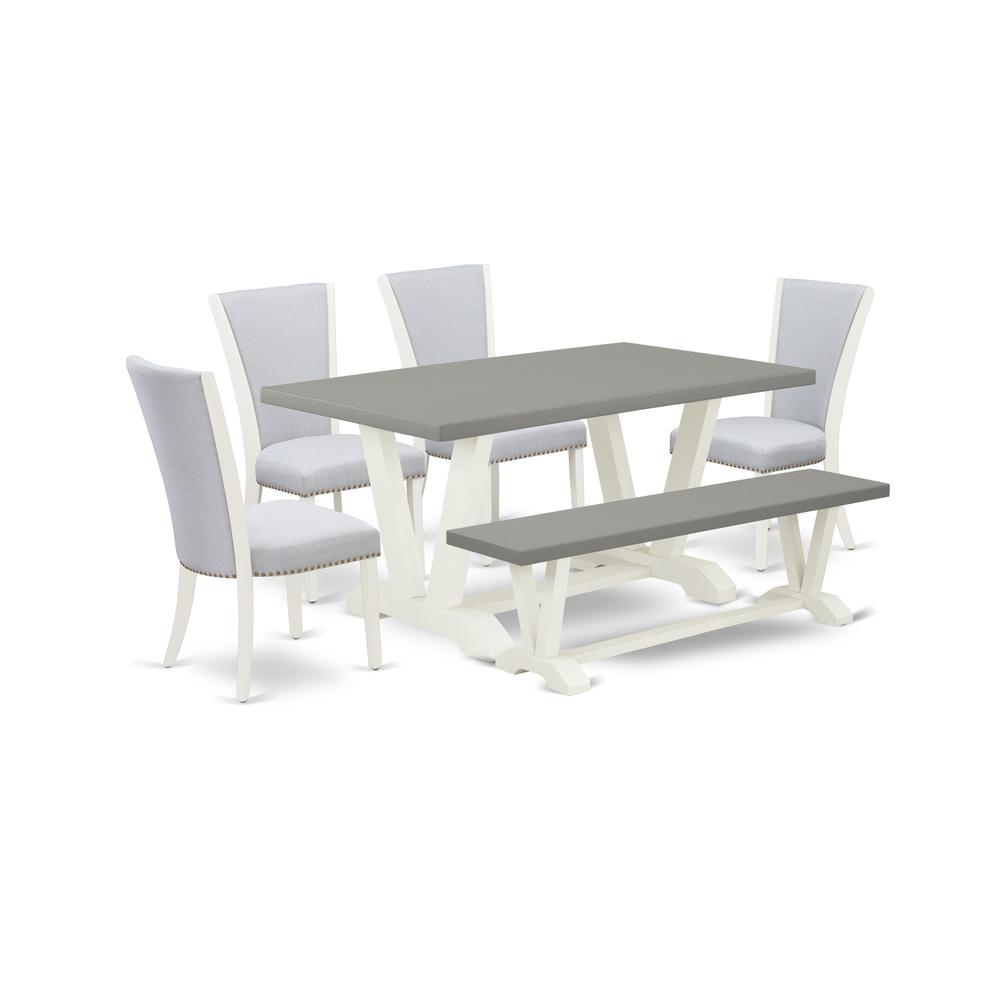 East West Furniture V096VE005-6 6 Piece Mid Century Dining Set - 4 Grey Wirebrush Linen Fabric Dining Room Chairs with Nailheads and Cement Modern Dining Table - 1 Kitchen Bench - Wirebrushed Linen Wh