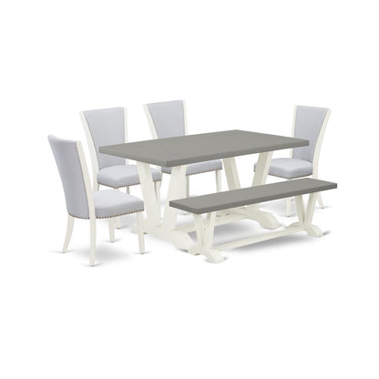 East West Furniture V096VE005-6 6 Piece Mid Century Dining Set - 4 Grey Wirebrush Linen Fabric Dining Room Chairs with Nailheads and Cement Modern Dining Table - 1 Kitchen Bench - Wirebrushed Linen Wh