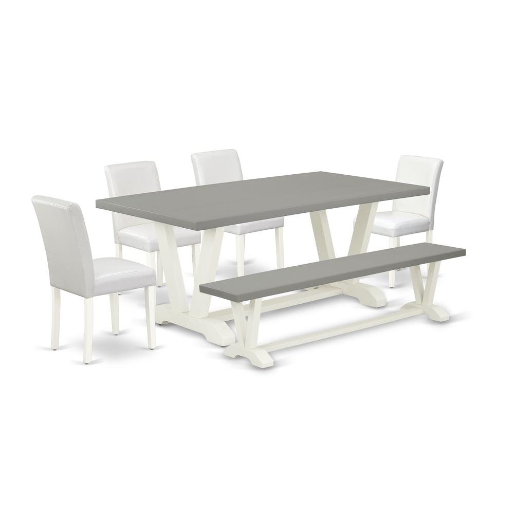 East West Furniture V097AB264-6 6-Piece Modern Dining Set a Great Cement Color Dining Room Table Top and Cement Color Indoor Bench and 4 Wonderful Pu Leather Kitchen Chairs with Stylish Chair Back, Li