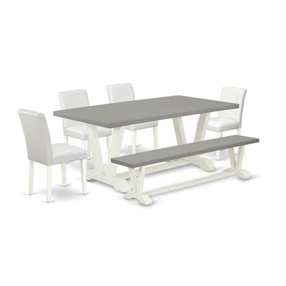 East West Furniture V097AB264-6 6-Piece Modern Dining Set a Great Cement Color Dining Room Table Top and Cement Color Indoor Bench and 4 Wonderful Pu Leather Kitchen Chairs with Stylish Chair Back, Li