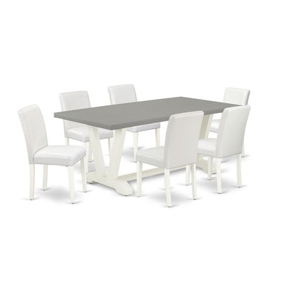 East West Furniture V097AB264-7 7-Piece Modern Dining Table Set an Excellent Cement Color Kitchen Table Top and 6 Stunning Pu Leather Parson Dining Chairs with Stylish Chair Back, Linen White Finish