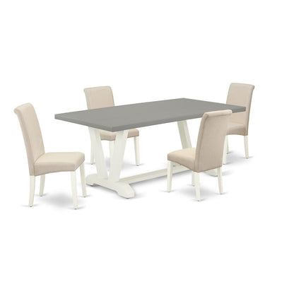 East West Furniture V097BA201-5 5-Piece Awesome Rectangular Dining Room Table Set a Superb Cement Color Wood Table Top and 4 Awesome Linen Fabric Dining Chairs with High Roll Chair Back, Linen White F