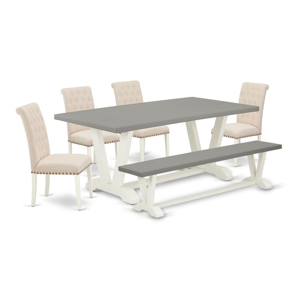 East West Furniture V097BR202-6 6-Piece Beautiful Dinette Set a Great Cement Color Kitchen Table Top and Cement Color Kitchen Bench and 4 Beautiful Linen Fabric Padded Chairs with Nail Heads and Butto