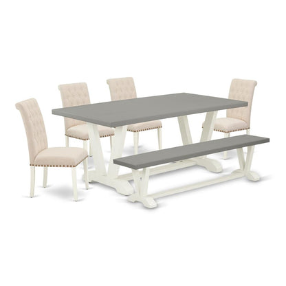 East West Furniture V097BR202-6 6-Piece Beautiful Dinette Set a Great Cement Color Kitchen Table Top and Cement Color Kitchen Bench and 4 Beautiful Linen Fabric Padded Chairs with Nail Heads and Butto