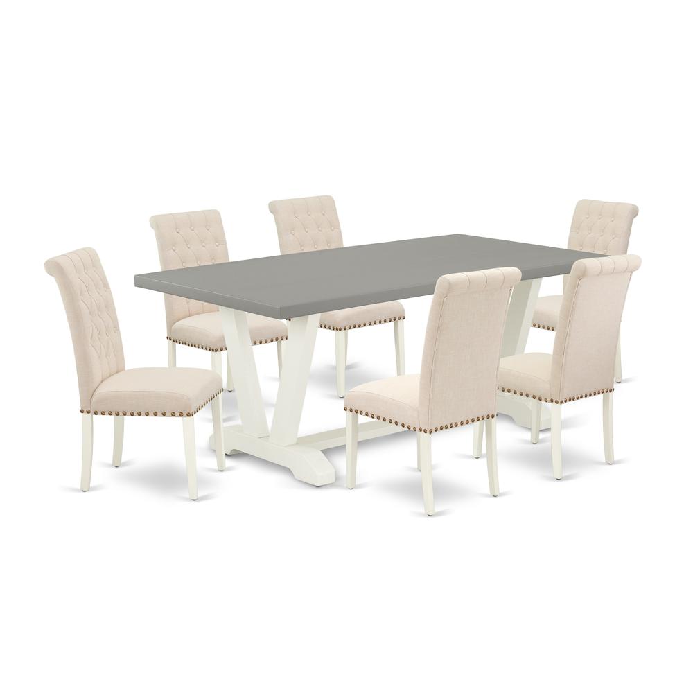 East West Furniture V097BR202-7 7-Piece Amazing Dining Set a Good Cement Color dining table Top and 6 Gorgeous Linen Fabric Padded Parson Chairs with Nail Heads and Button Tufted Chair Back, Linen Whi