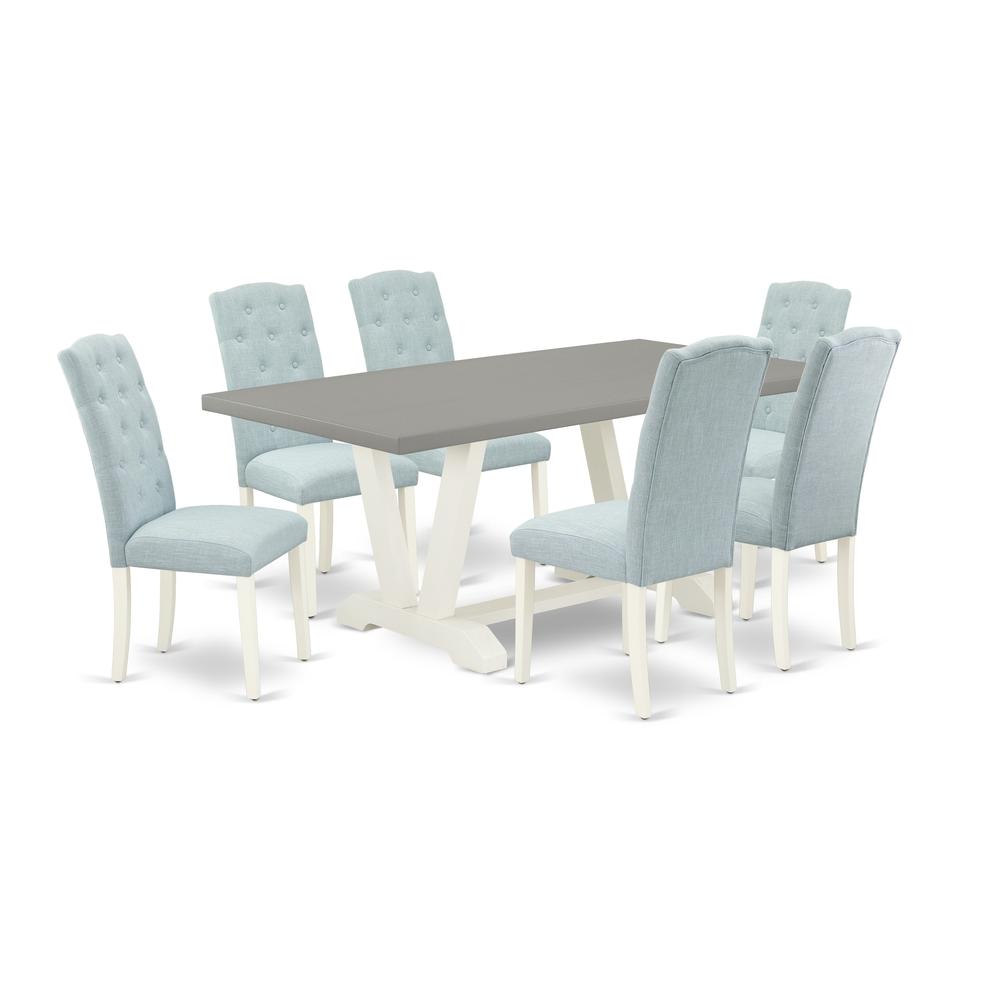East West Furniture 7-Piece Dining Room Table Set- 6 Parson Dining Chairs with Baby Blue Linen Fabric Seat and Button Tufted Chair Back - Rectangular Table Top & Wooden Legs - Cement and Linen White F
