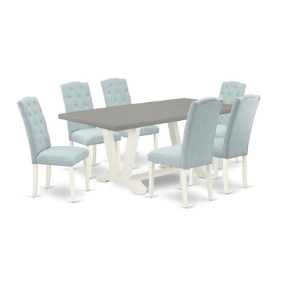 East West Furniture 7-Piece Dining Room Table Set- 6 Parson Dining Chairs with Baby Blue Linen Fabric Seat and Button Tufted Chair Back - Rectangular Table Top & Wooden Legs - Cement and Linen White F