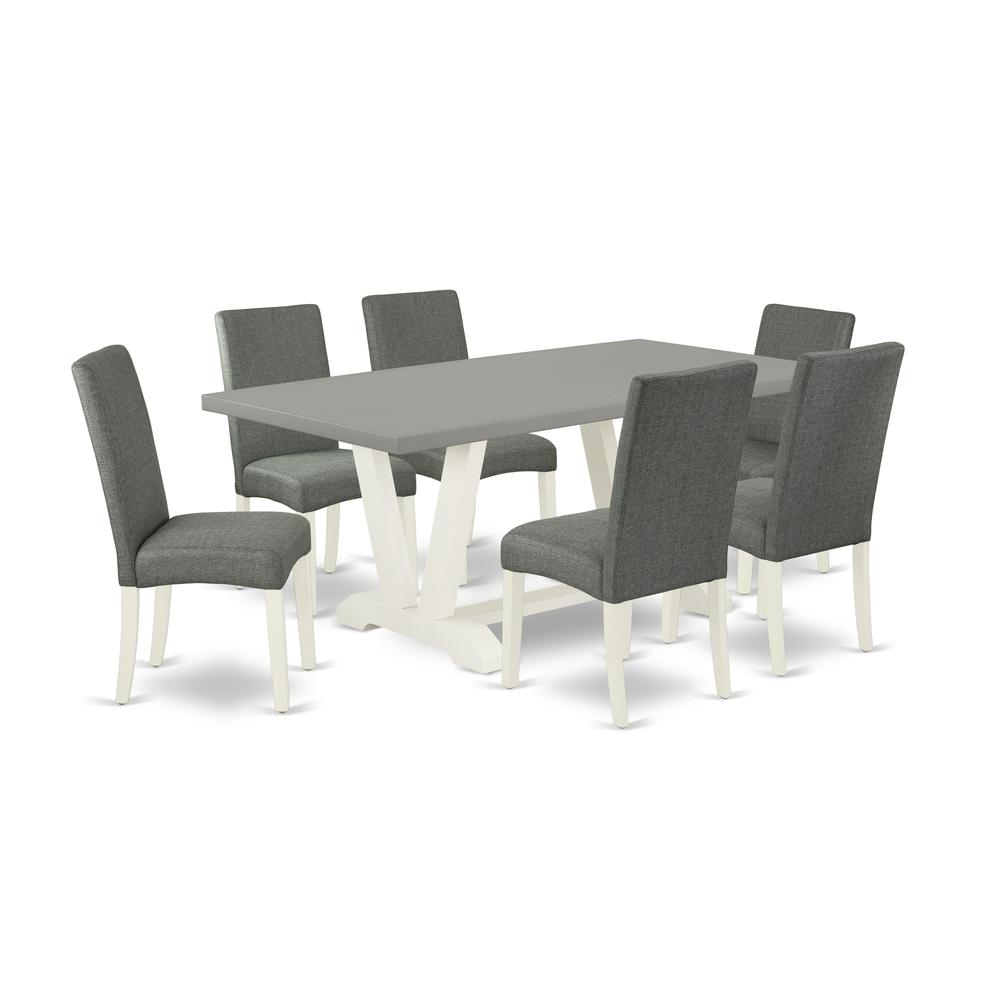 East West Furniture V097DR207-7 7-Pc Dinette Set - 6 Dining Chairs and 1 Modern Rectangular Cement Dining Table with High Chair Back - Linen White Finish