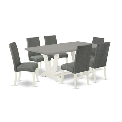 East West Furniture V097DR207-7 7-Pc Dinette Set - 6 Dining Chairs and 1 Modern Rectangular Cement Dining Table with High Chair Back - Linen White Finish