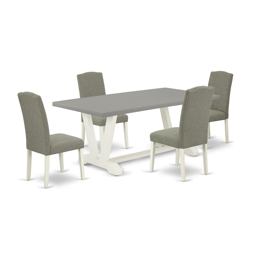 East West Furniture 5-Piece Beautiful Dining Room Set a Great Cement Color Dining Table Top and 4 Attractive Linen Fabric Dining Chairs with Nail Heads and Stylish Chair Back, Linen White Finish