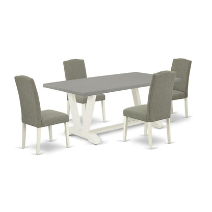 East West Furniture 5-Piece Beautiful Dining Room Set a Great Cement Color Dining Table Top and 4 Attractive Linen Fabric Dining Chairs with Nail Heads and Stylish Chair Back, Linen White Finish