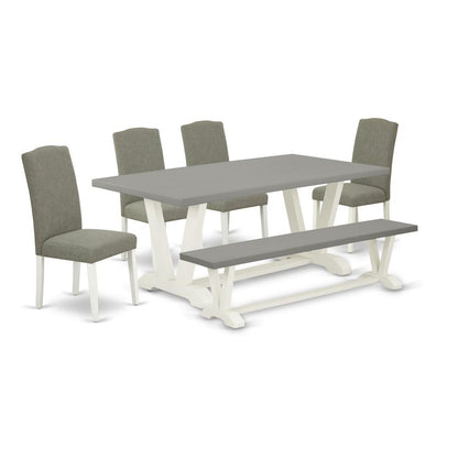 East West Furniture 6-Piece Gorgeous Dinette Set a Great Cement Color Wood Table Top and Cement Color Small Bench and 4 Wonderful Linen Fabric Dining Chairs with Nail Heads and Stylish Chair Back, Lin