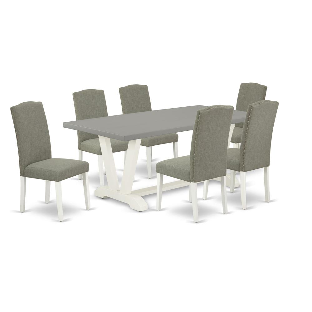 East West Furniture 7-Piece Fashionable Modern Dining Table Set a Great Cement Color Wood Dining Table Top and 6 Stunning Linen Fabric Dining Chairs with Nail Heads and Stylish Chair Back, Linen White