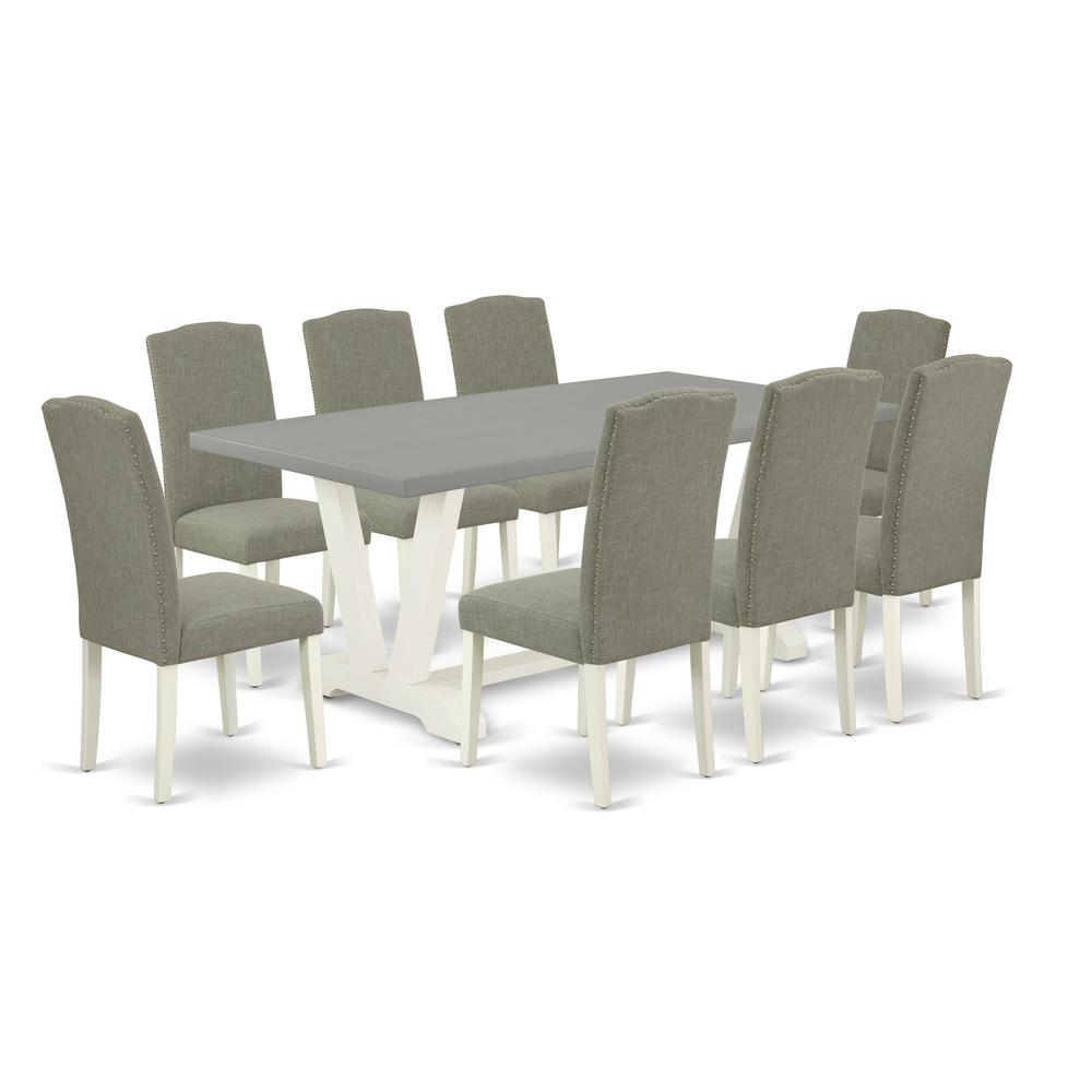 East West Furniture 9-Piece Fashionable Dining Set a Great Cement Color Dining Room Table Top and 8 Awesome Linen Fabric Dining Chairs with Nail Heads and Stylish Chair Back, Linen White Finish