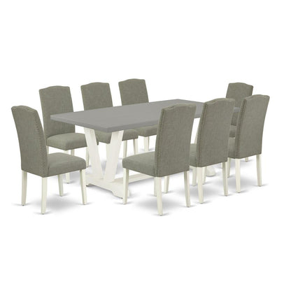 East West Furniture 9-Piece Fashionable Dining Set a Great Cement Color Dining Room Table Top and 8 Awesome Linen Fabric Dining Chairs with Nail Heads and Stylish Chair Back, Linen White Finish