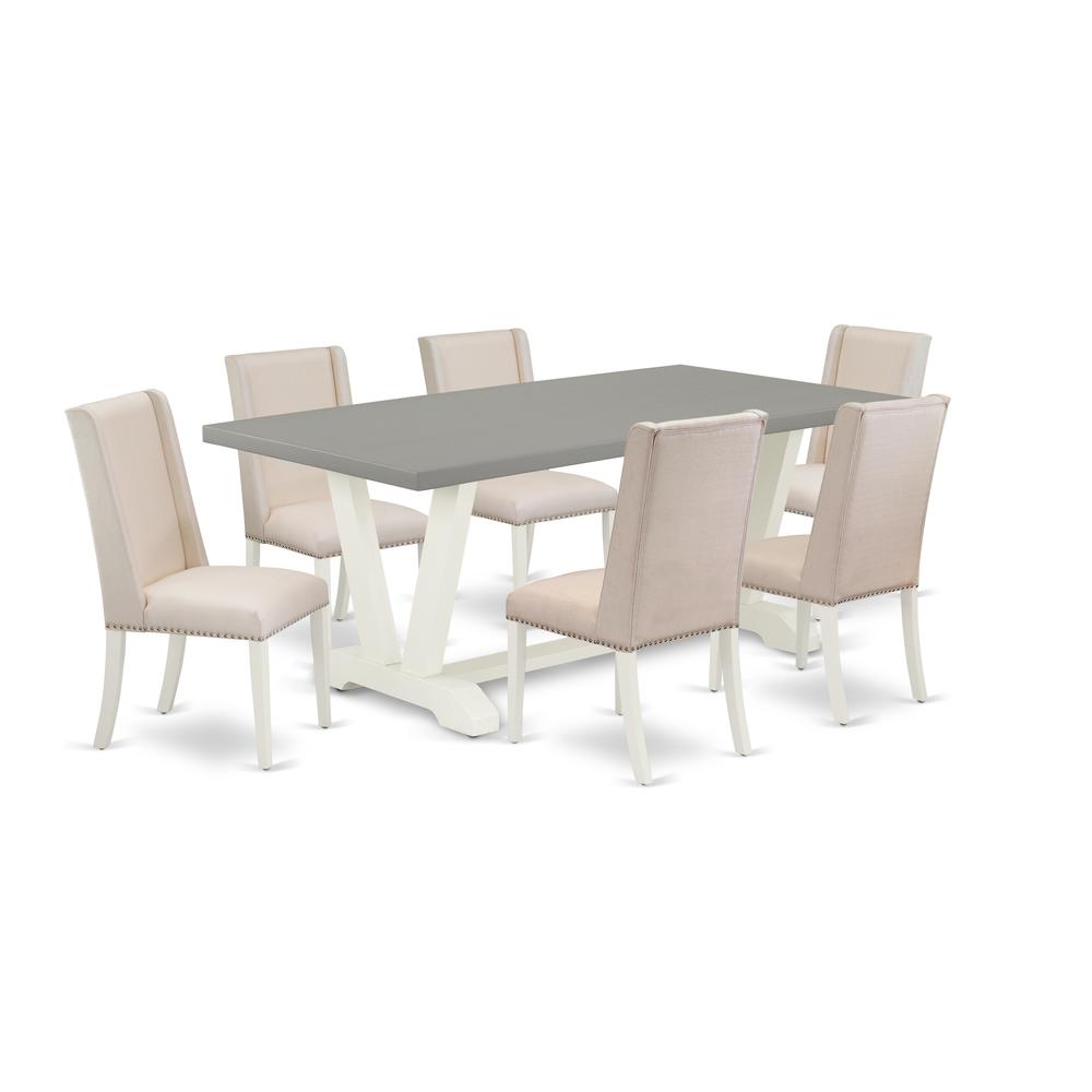 East West Furniture V097FL201-7 7-Piece Gorgeous Dining Room Set a Superb Cement Color Modern Dining Table Top and 6 Excellent Linen Fabric Kitchen Parson Chairs with Stylish Chair Back, Linen White F