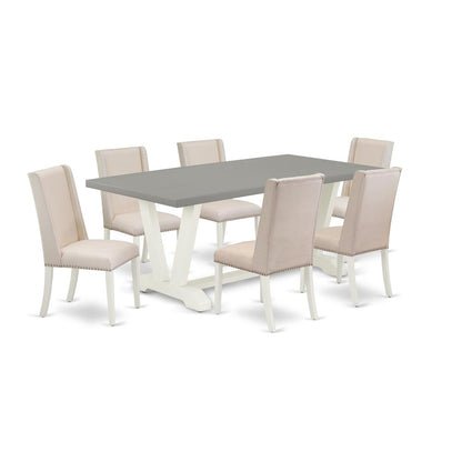 East West Furniture V097FL201-7 7-Piece Gorgeous Dining Room Set a Superb Cement Color Modern Dining Table Top and 6 Excellent Linen Fabric Kitchen Parson Chairs with Stylish Chair Back, Linen White F