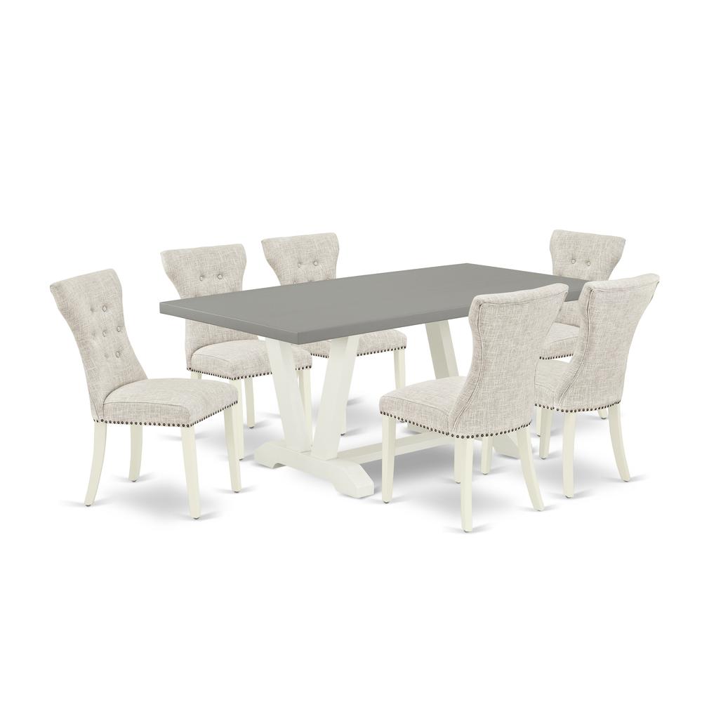 East West Furniture 7-Piece Dining Room Set- 6 Mid Century Dining Chairs with Doeskin Linen Fabric Seat and Button Tufted Chair Back - Rectangular Table Top & Wooden Legs - Cement and Linen White Fini