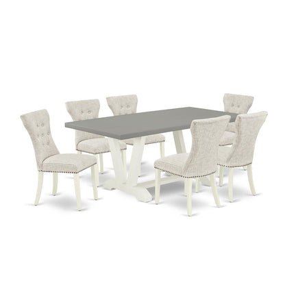 East West Furniture 7-Piece Dining Room Set- 6 Mid Century Dining Chairs with Doeskin Linen Fabric Seat and Button Tufted Chair Back - Rectangular Table Top & Wooden Legs - Cement and Linen White Fini