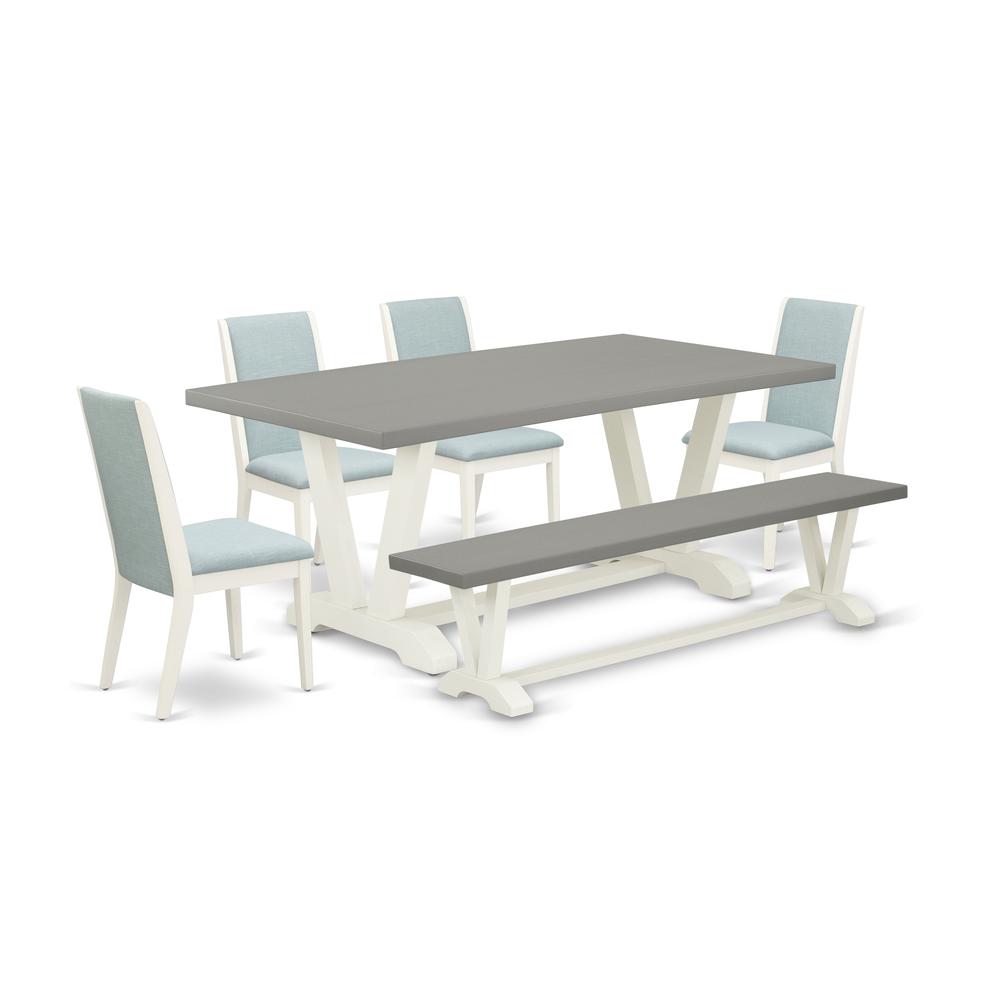 East West Furniture V097LA015-6 6-Piece Amazing Dining Table Set an Outstanding Cement Color Wood Table Top and Cement Color Wooden Bench Indoor and 4 Beautiful Linen Fabric Kitchen Chairs with Stylis