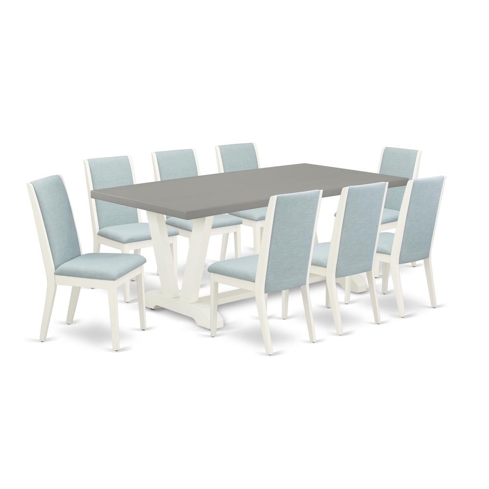 East West Furniture V097LA015-9 9-Piece Stylish Dinette Set a Superb Cement Color dining table Top and 8 Beautiful Linen Fabric Parson Chairs with Stylish Chair Back, Linen White Finish