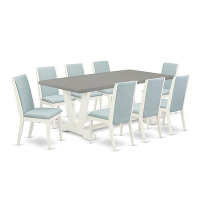 East West Furniture V097LA015-9 9-Piece Stylish Dinette Set a Superb Cement Color dining table Top and 8 Beautiful Linen Fabric Parson Chairs with Stylish Chair Back, Linen White Finish