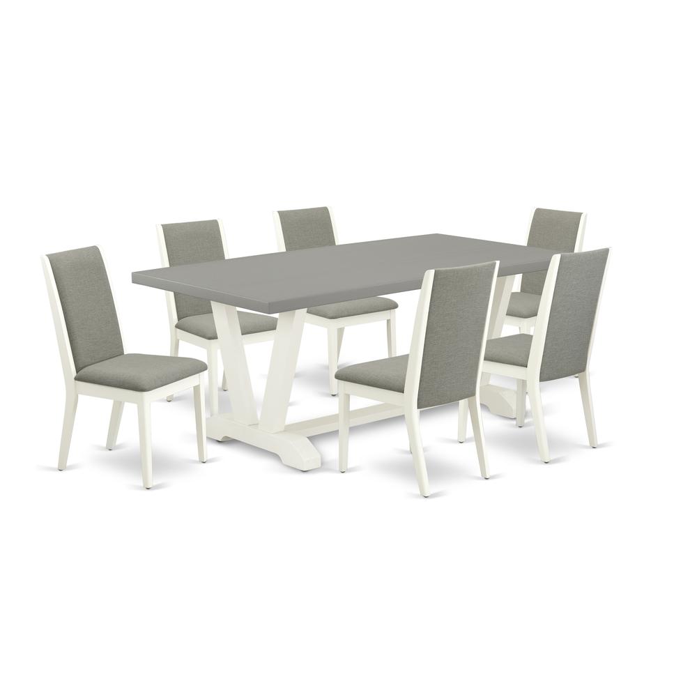 East West Furniture V097LA206-7 7-Piece Gorgeous Dinette Set an Outstanding Cement Color rectangular Table Top and 6 Excellent Linen Fabric Solid Wood Leg Chairs with Stylish Chair Back, Linen White F