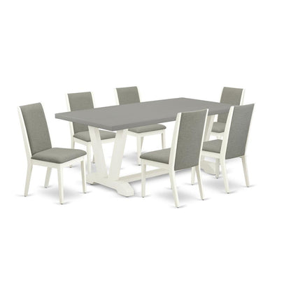 East West Furniture V097LA206-7 7-Piece Gorgeous Dinette Set an Outstanding Cement Color rectangular Table Top and 6 Excellent Linen Fabric Solid Wood Leg Chairs with Stylish Chair Back, Linen White F