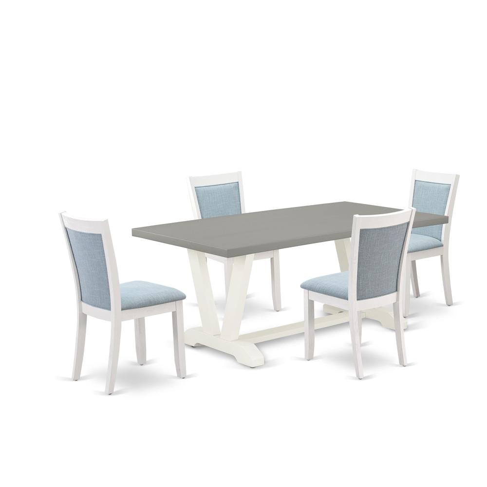 East West Furniture 5-Pc Dinner Dining Room Table Set Consists of a Wood Dining Table and 4 Baby Blue Linen Fabric Dining Room Chairs with Stylish Back - Wire Brushed Linen White Finish