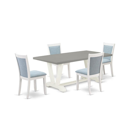 East West Furniture 5-Pc Dinner Dining Room Table Set Consists of a Wood Dining Table and 4 Baby Blue Linen Fabric Dining Room Chairs with Stylish Back - Wire Brushed Linen White Finish