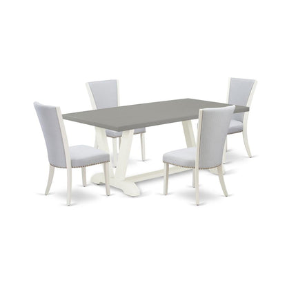 East West Furniture 5-Pc Dining Table Set Includes 4 Dining Chairs with Upholstered Seat and Stylish Back-Rectangular Wood Dining Table - Cement and Wirebrushed Linen White Finish