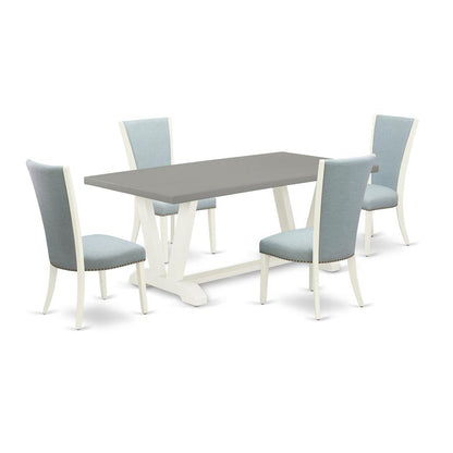 East West Furniture V097VE215-5 5 Piece Dining Room Set - 4 Baby Blue Linen Fabric Upholstered Dining Chairs with Nailheads and Cement Wooden Dining Table - Linen White Finish
