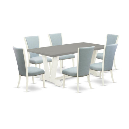 East West Furniture V097VE215-7 7 Piece Modern Dining Table Set - 6 Baby Blue Linen Fabric Parson Chairs with Nail Heads and Cement Wood Dining Table - Linen White Finish