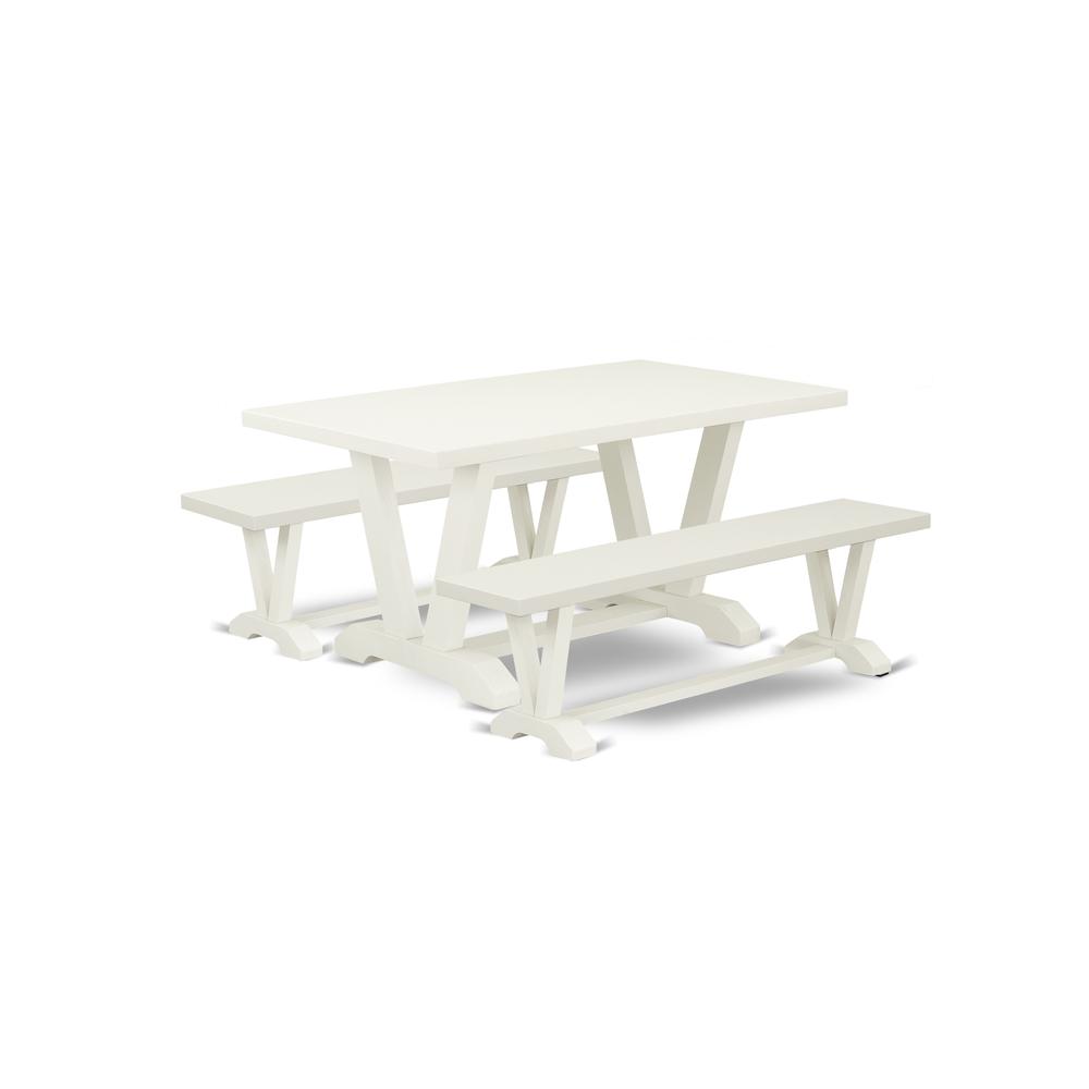 East West Furniture V2-026 3 Pc Table Set - 1 Linen White Wood Dining Table and 2 Mid Century Modern Bench - Stable and Durable Construction - Linen White Finish
