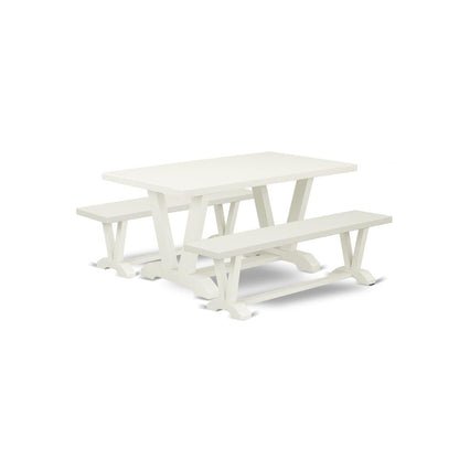 East West Furniture V2-026 3 Pc Table Set - 1 Linen White Wood Dining Table and 2 Mid Century Modern Bench - Stable and Durable Construction - Linen White Finish