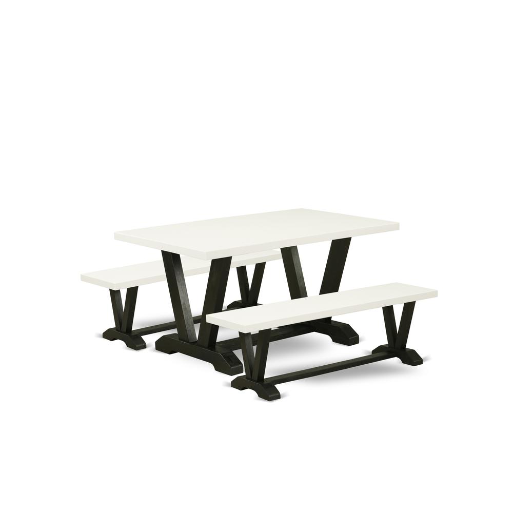 East West Furniture V2-626 3 Piece Dining Room Set - 1 Linen White Wood Dining Table and 2 Wood Benches - Stable and Durable Construction - Wire Brushed Black Finish