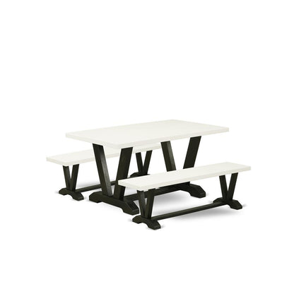East West Furniture V2-626 3 Piece Dining Room Set - 1 Linen White Wood Dining Table and 2 Wood Benches - Stable and Durable Construction - Wire Brushed Black Finish